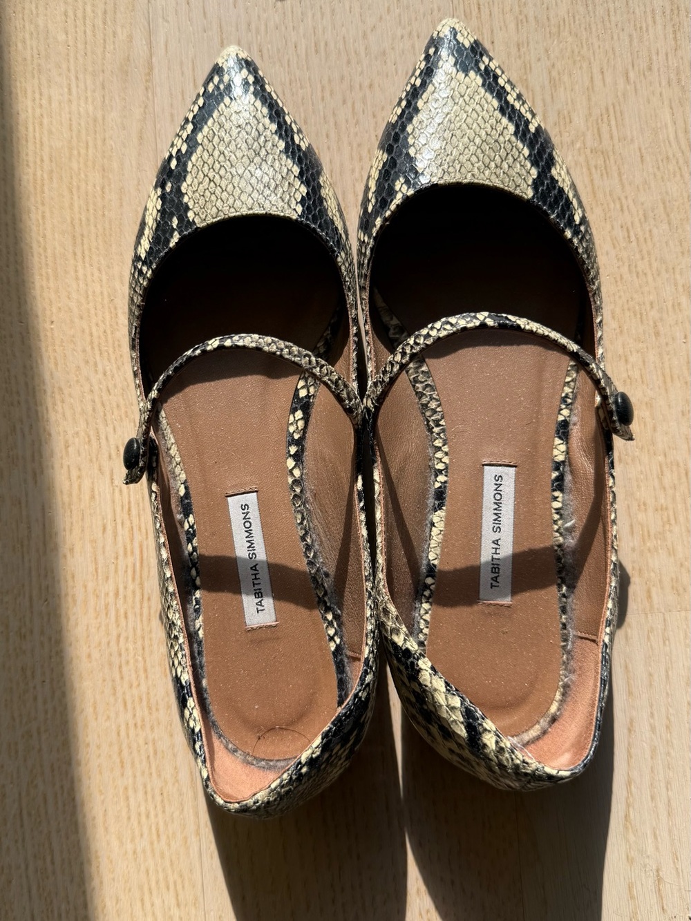 Tabitha Simmons Black & Cream Snakeskin Pointed Mary Jane Flats
